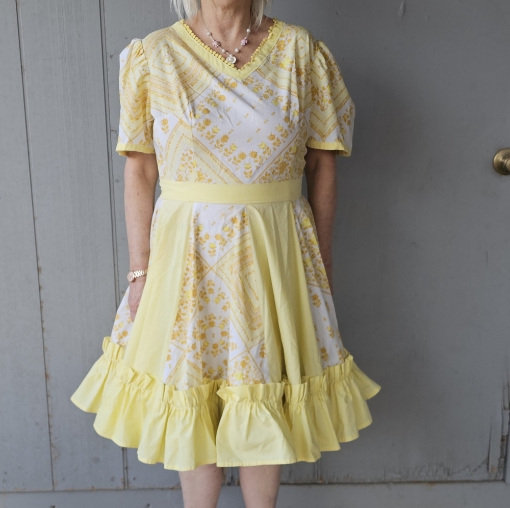 Hand Made Square Dancing Dress Yellow Flowy Western Cowgirl Dress.